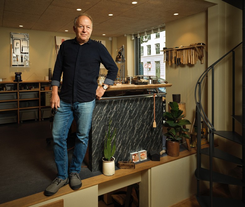 Portrait of Danish goldsmith Kim Buck in the workshop of Wang & Buck in Copenhagen.